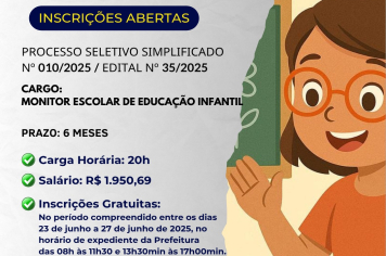Inscrições abertas para Monitor de Educação Infantil