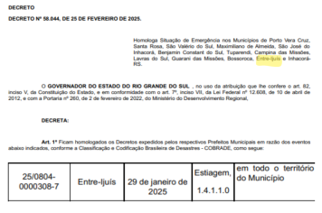 Governo do Estado homologa situação de emergência em Entre-Ijuís