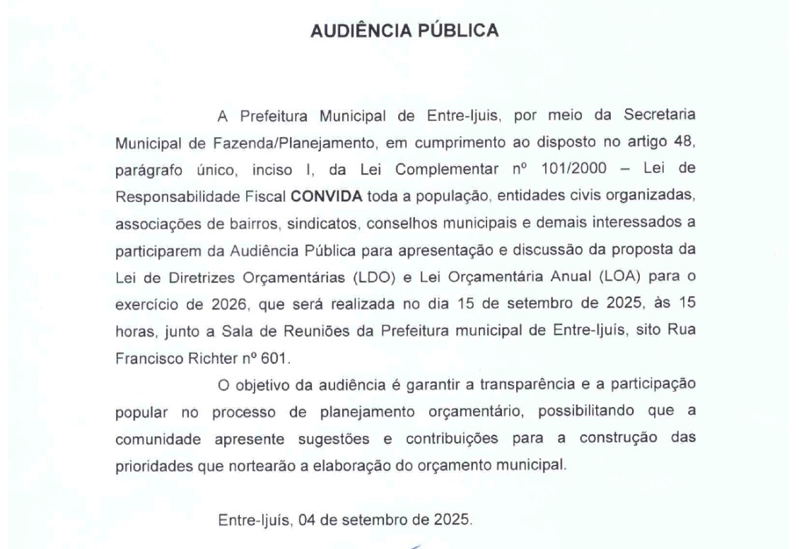 Convite para Audiência Pública sobre orçamento 2026